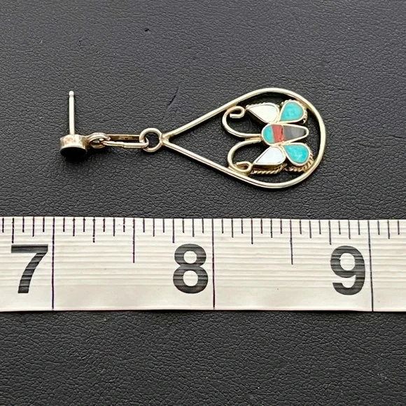 Vintage Native American Zuni sterling silver gemstone inlay butterfly earrings - Picture 7 of 8